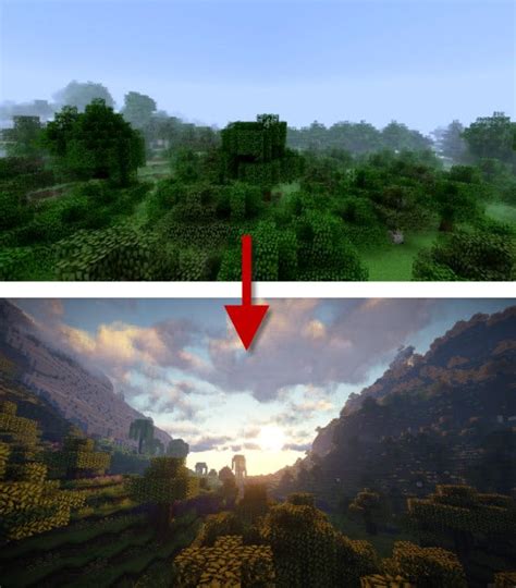 Minecraft voor en na het installeren van de mod SEUS en het pakket Chroma Hills